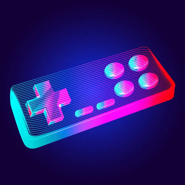 Gamepad - abstract retro game console controller. Outline vector illustration of wireless video game joystick in 3d line art style on neon abstract background