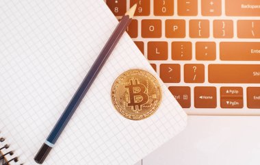 Bitcoin madencisinin bilgisayarı. Klavyede ve defterde kurşun kalemle Bitcoin altın sikkesi. İş için. en üstteki görünüm.