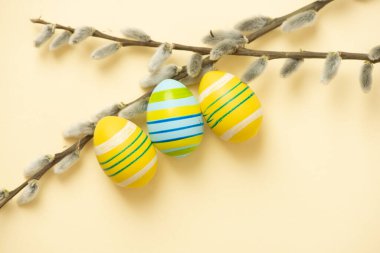 Easter colorful eggs and branches on beige pastel background with space for text. Flat lay image composition, top view. pussy willow branches.Easter decoration, Spring holiday festive card. fluffy wil.