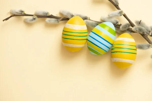 Close Easter Colorful Eggs Branches Light Beige Pastel Background Space — Fotografia de Stock