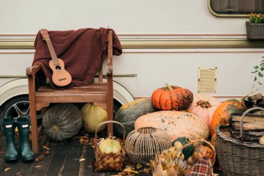Sonbahar sezonunda Ukulele. Sonbahar dekorasyonu. Sonbahar bahçesi ve balkabaklarıyla, çiçekleriyle ve samanlıklarıyla ev dekorasyonu