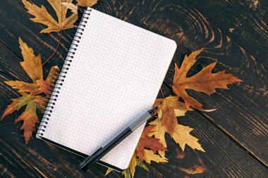 Sonbahar düz zemin üzerinde defter, kalem ve sarı yapraklar vardı. Yaratıcı iş yeri düzeni. Koyu renk ahşap.