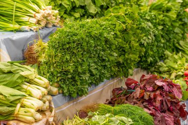 Markette yeşil sebzeler. Geleneksel gıda pazarı.