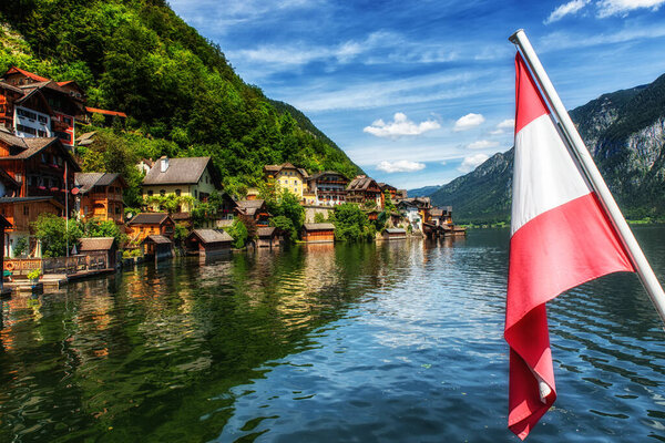Townscape of Hallstatt as seen from the pleasure boat, UNESCO World Heritage Site, Salzkammergut, Oberosterreich, Austria