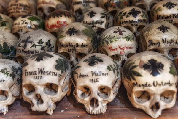 View Hundreds Painted Skulls Bones Famous Charnel House Mountain Village — Stock Photo, Image