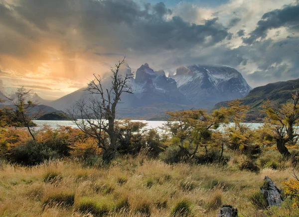 Zonsondergang Torres Del Paine Patagonië Chili Voorgrond Lake Pehoe Achtergrond — Stockfoto