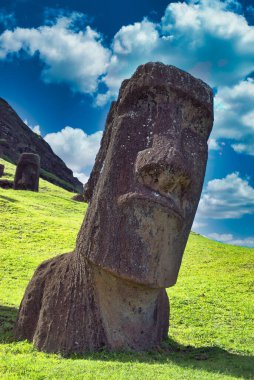 Moais, Şili 'nin Paskalya Adası' ndaki Rano Raruku yanardağının yamaçlarında Rapa Nui Ulusal Parkı 'nda..