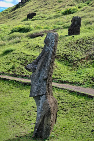 Moais Στο Εθνικό Πάρκο Rapa Nui Στις Πλαγιές Του Ηφαιστείου — Φωτογραφία Αρχείου