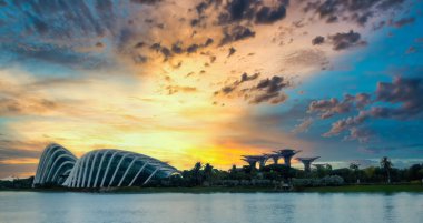 Singapur, Singapur - 05 Ağustos 2018: Bulut Ormanı, Çiçek Kubbesi ve Singapur Körfezi yakınlarındaki Bahçelerdeki Süperağaç Korusu