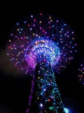 Singapur, Singapur - 08 Ağustos 2018: Marina körfezi yakınlarındaki bahçelerde süper ağaçlar, geceleri aydınlatılmış, körfez kıyısındaki bahçe Singapur şehir merkezinde bir doğa parkı.