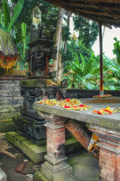 Opfergaben Die Götter Bei Goa Gajah Tempel Und Weihwasser — Stockfoto