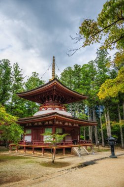 Unesco listelenen renkli Toto Pagoda veya Doğu Pagoda Koyasan Danjon Garan Shingon Budizm tapınak kompleksi, Wakayama, Japonya