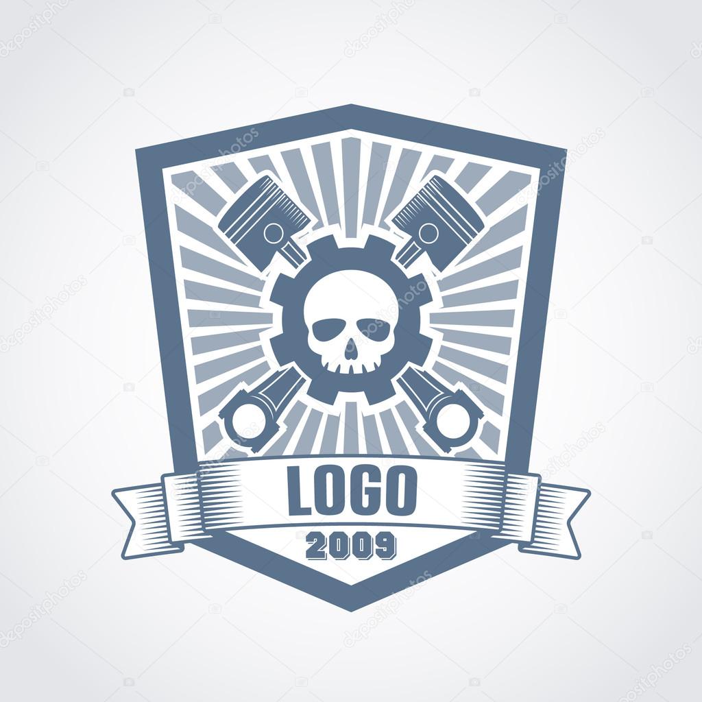 Vector logo of car customizing club with a gear, pistons, skull, ribbon and text; bikers club label; tuning motors garage insignia