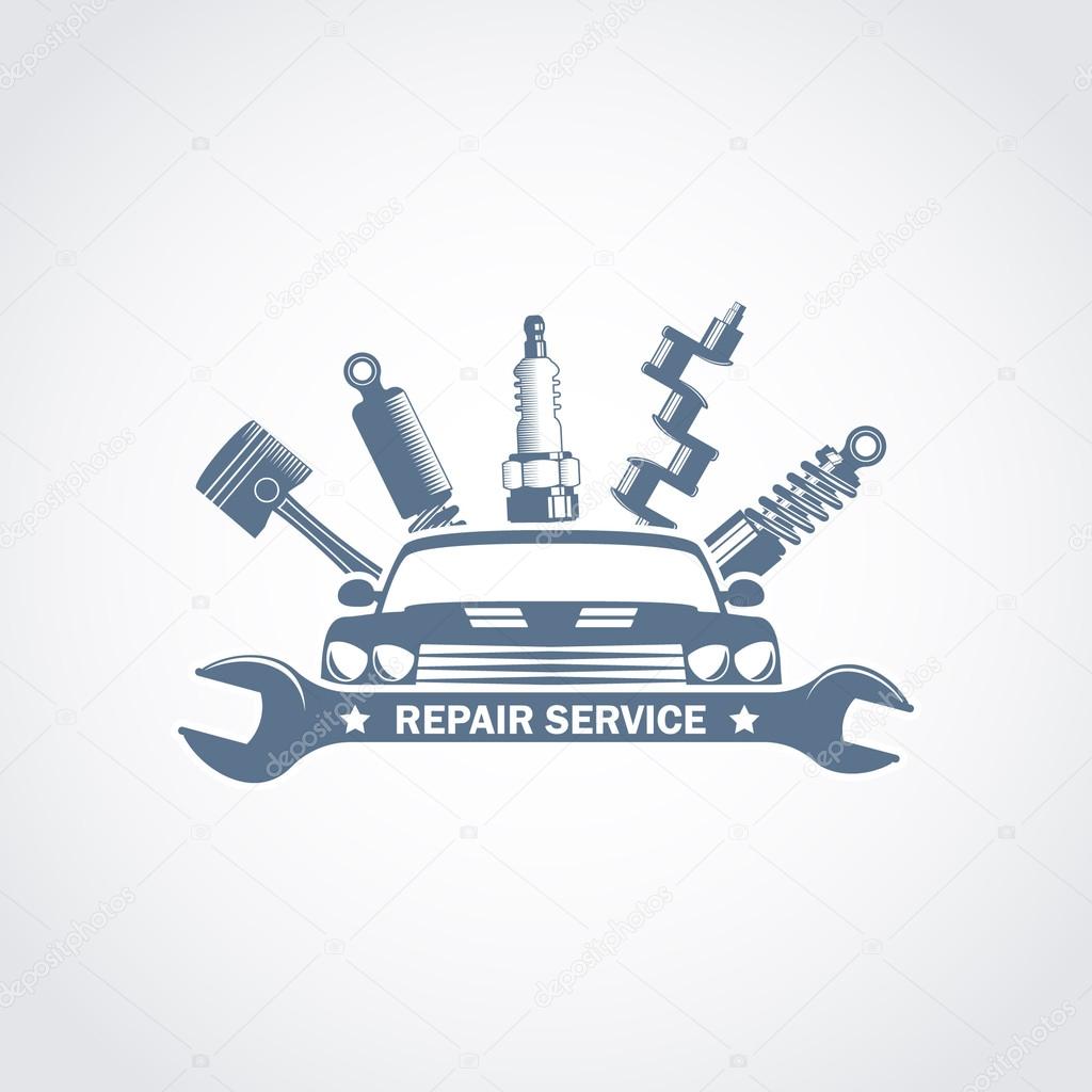 Monochrome vector garage service logo in a retro style; vintage car repair service emblem with a wrench, shock absorber, car body, piston and crankshaft