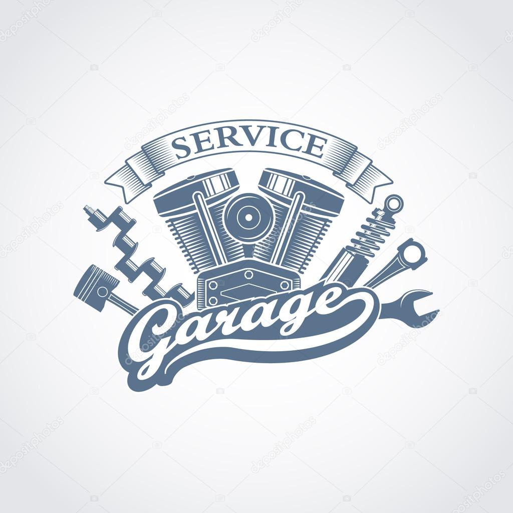 Monochrome vector garage service logo in a retro style; vintage car repair service emblem with a wrench, shock absorber, motorcycle engine, piston and crankshaft
