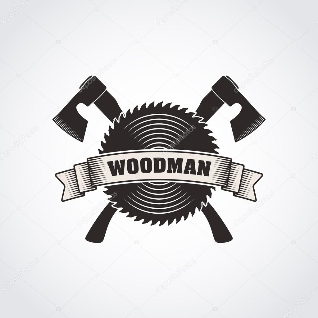 Vector monochrome retro style woodworking company logo, woodman badge, vintage sawmill emblem