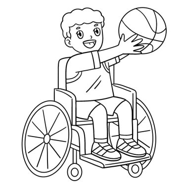 Tekerlekli sandalyede basketbol oynayan bir çocuğun sevimli ve komik renkli sayfası. Çocuklar için saatlerce boyama eğlencesi sağlıyor. Bu sayfayı boyamak çok kolaydır. Küçük çocuklar ve yeni yürümeye başlayanlar için uygun..