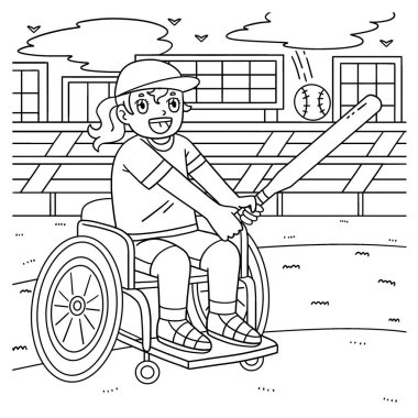 Tekerlekli sandalyede beysbol oynayan bir kızın şirin ve komik renkli sayfası. Çocuklar için saatlerce boyama eğlencesi sağlıyor. Bu sayfayı boyamak çok kolaydır. Küçük çocuklar ve yeni yürümeye başlayanlar için uygun..