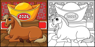 Bu renkli sayfa Çin altınlı bir At Yılı 'nı gösteriyor. Bu illüstrasyonun bir tarafı renkli ve çocuklar için bir ilham kaynağı..