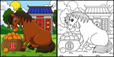 Bu renkli sayfa Mandarin 'li bir At Yılı' nı gösteriyor. Bu illüstrasyonun bir tarafı renkli ve çocuklar için bir ilham kaynağı..