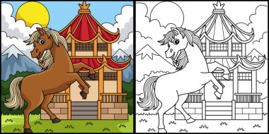 Bu boyama sayfası Çin Tapınağı 'nın önündeki bir At Yılı' nı gösteriyor. Bu illüstrasyonun bir tarafı renkli ve çocuklar için bir ilham kaynağı..