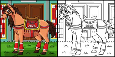 Bu boyama sayfası bir eyerli At 2026 yılını gösteriyor. Bu illüstrasyonun bir tarafı renkli ve çocuklar için bir ilham kaynağı..