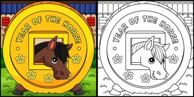 Bu boyama sayfası At Çin Sikkesi Yılı 'nı gösteriyor. Bu illüstrasyonun bir tarafı renkli ve çocuklar için bir ilham kaynağı..