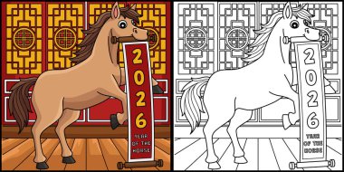 Bu boyama sayfası, bir parşömen tutan At Yılı 'nı gösteriyor. Bu illüstrasyonun bir tarafı renkli ve çocuklar için bir ilham kaynağı..