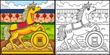 Bu renkli sayfa At Isırma Yılı 'nı gösteriyor. Bu illüstrasyonun bir tarafı renkli ve çocuklar için bir ilham kaynağı..