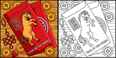 Bu boyama sayfası At 2026 Angpao yılını gösteriyor. Bu illüstrasyonun bir tarafı renkli ve çocuklar için bir ilham kaynağı..