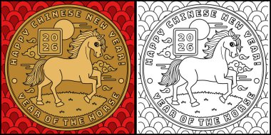 Bu boyama sayfası At Mutlu Çin Yeni Yılı 2026 madeni parasını gösteriyor. Bu illüstrasyonun bir tarafı renkli ve çocuklar için bir ilham kaynağı..