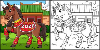 Bu boyama sayfasında Çin elbiseli bir At Yılı var. Bu illüstrasyonun bir tarafı renkli ve çocuklar için bir ilham kaynağı..