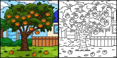 Bu boyama sayfası bir hurma ağacı meyve bitkisini gösteriyor. Bu illüstrasyonun bir tarafı renkli ve çocuklar için bir ilham kaynağı..