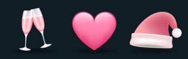 Pembe renkli Noel Baba şapkası, köpüklü şampanya bardakları ve koyu arkaplanda kalp ikonu.