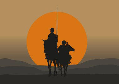 Don Kişot de la Mancha 'nın silueti, Cervantes' in İspanyol romancısı, yel değirmenleri ve gün batımıyla