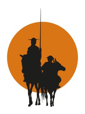 Don Kişot de la Mancha 'nın silueti, Cervantes' in İspanyol romancısı, yel değirmenleri ve gün batımıyla