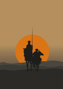 Don Kişot de la Mancha 'nın silueti, Cervantes' in İspanyol romancısı, yel değirmenleri ve gün batımıyla