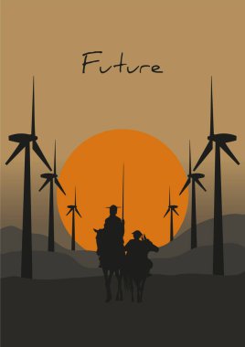 Don Kişot de la Mancha 'nın silueti, Cervantes' in İspanyol romancısı, yel değirmenleri ve gün batımıyla