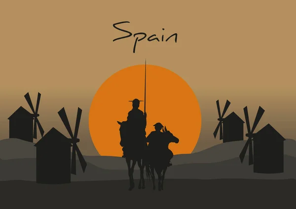 Cervantes西班牙小说家Don Quixote Mancha的肖像 有风车和日落 — 图库矢量图片