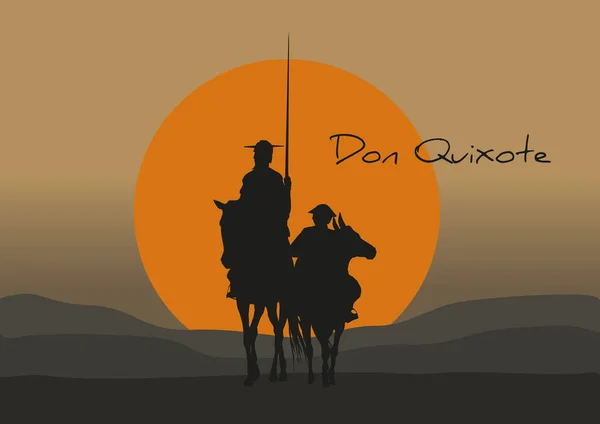 Cervantes西班牙小说家Don Quixote Mancha的肖像 有风车和日落 — 图库矢量图片