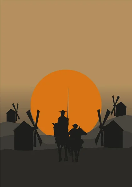セルバンテスのスペインの小説家ドン キホーテ マンチャのシルエット 風車と日没 — ストックベクタ