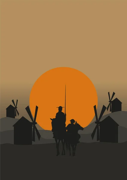 Don Kişot de la Mancha 'nın silueti, Cervantes' in İspanyol romancısı, yel değirmenleri ve gün batımıyla