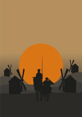 Don Kişot de la Mancha 'nın silueti, Cervantes' in İspanyol romancısı, yel değirmenleri ve gün batımıyla. Vektör Simgelemesi
