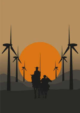 Don Kişot de la Mancha 'nın silueti, Cervantes' in İspanyol romancısı, yel değirmenleri ve gün batımıyla. Vektör Simgelemesi