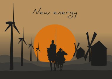 Don Kişot de la Mancha 'nın silueti, Cervantes' in İspanyol romancısı, yel değirmenleri ve gün batımıyla. Vektör Simgelemesi