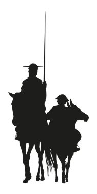 Don Kişot de la Mancha 'nın silueti, Cervantes' in İspanyol romancısı, yel değirmenleri ve gün batımıyla. Vektör Simgelemesi