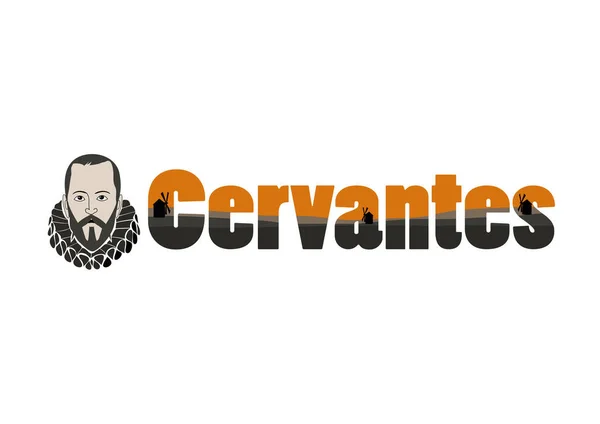 Miguel de Cervantes Saavedra 'nın Vektör İllüstrasyonu, Don Kişot de la Mancha adlı kitabın İspanyol yazarı, yel değirmenleriyle. Renkli stil. Cervantes kelimesi