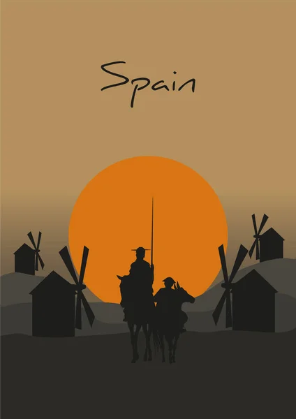 Silhouet Van Don Quichot Mancha Van Cervantes Spaanse Romanschrijver Met — Stockvector