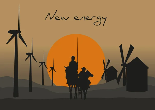 Don Kişot de la Mancha 'nın silueti, Cervantes' in İspanyol romancısı, yel değirmenleri ve gün batımıyla. Vektör Simgelemesi