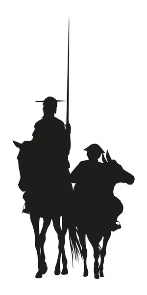 Don Kişot de la Mancha 'nın silueti, Cervantes' in İspanyol romancısı, yel değirmenleri ve gün batımıyla. Vektör Simgelemesi
